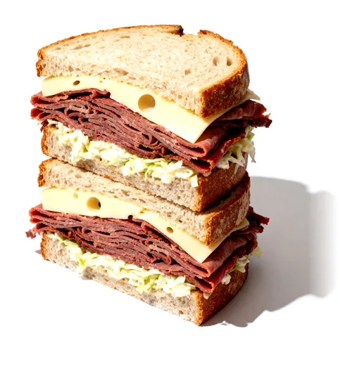 A pastrami sandwich cut in two and stacked: crusty bread, thin-sliced pastrami, Swiss cheese and coleslaw.